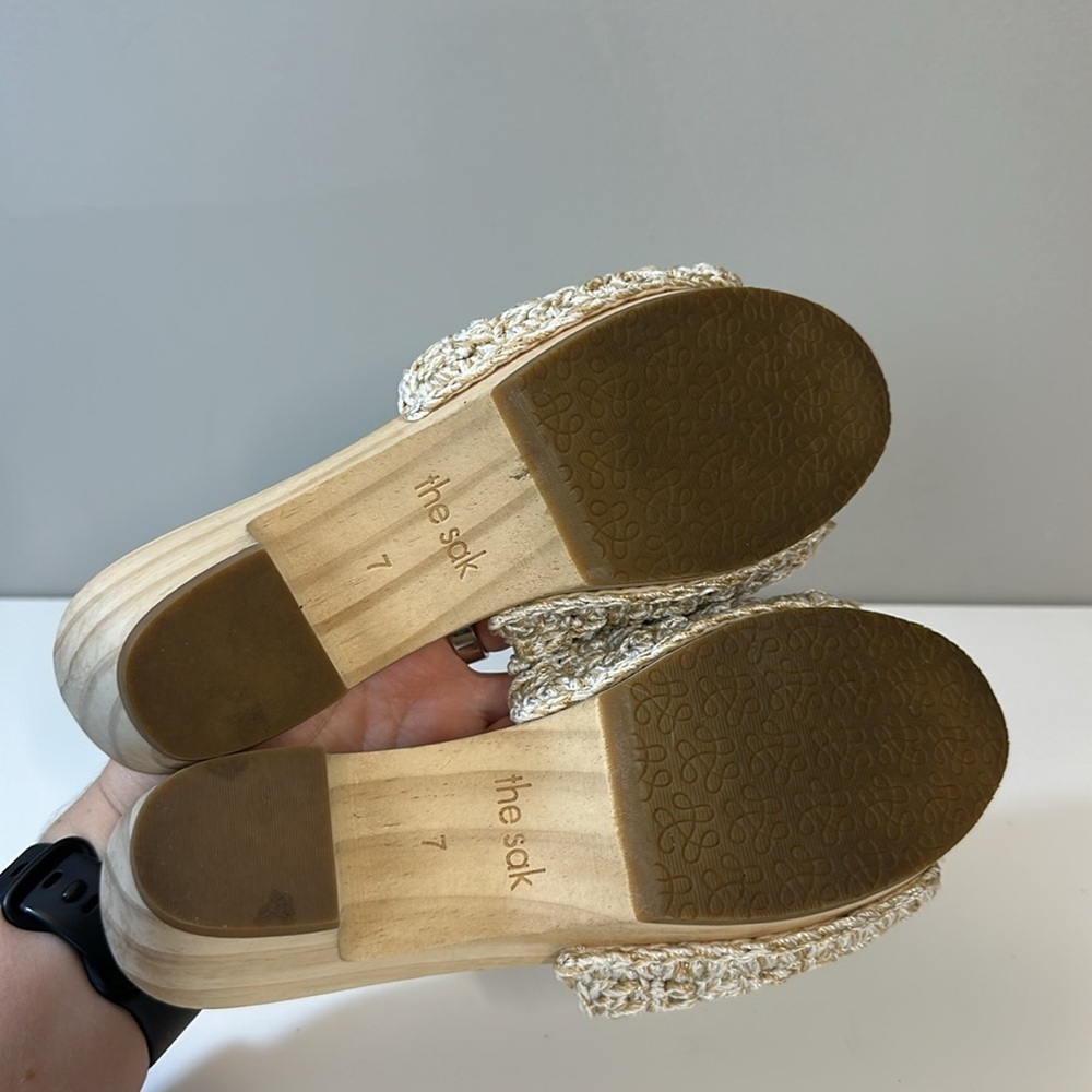 The Sak Ella Crochet Wood Slide Sandals Sz 7 Cottagecore Retro Vintage Inspired - Picture 9 of 16